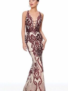 Clarisse Ivory Gown with Burgundy Embroidered Lace-Up V-Neck